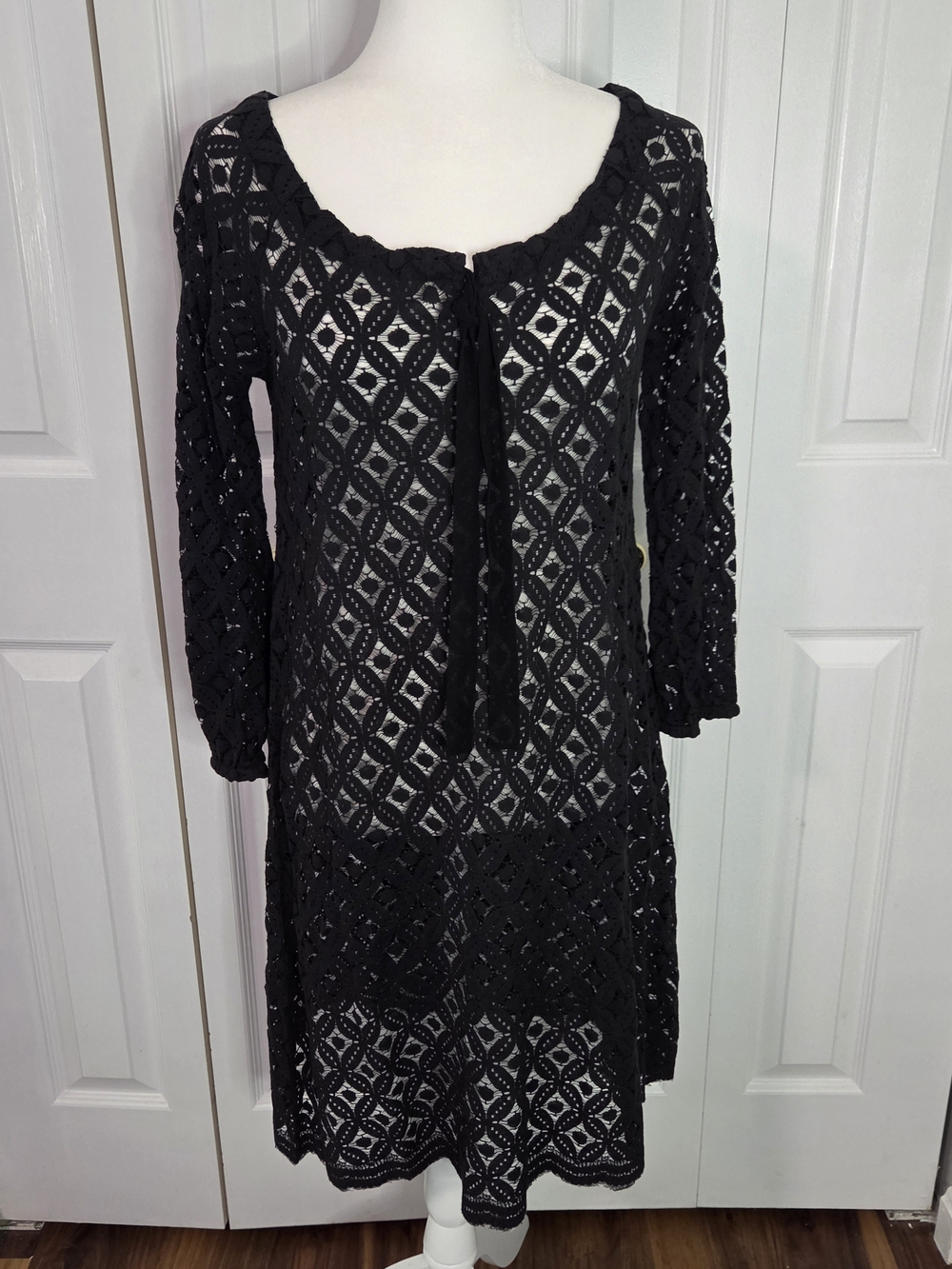 Black Crochet Long Sleeve Women's Mini Dress Tie Front